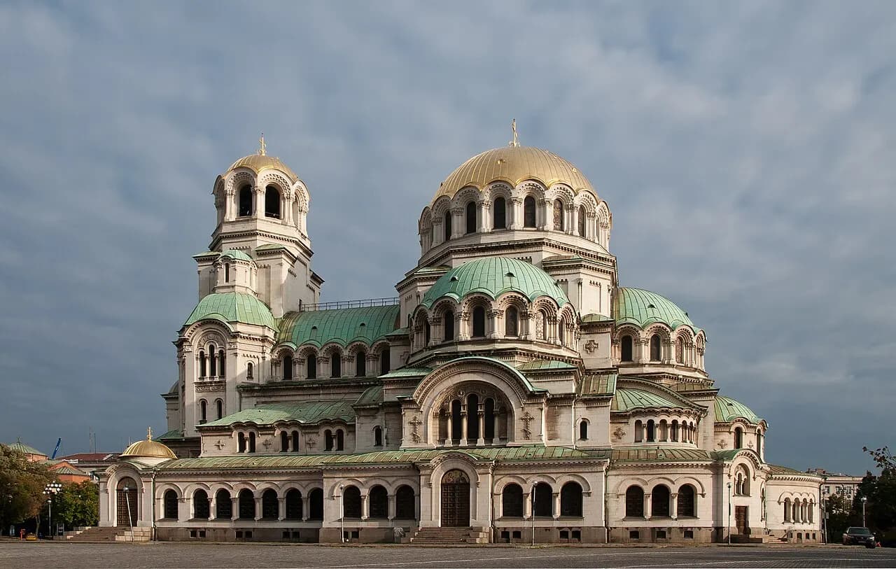 The golden and green domes of Alexander Nevsky Cathedral in Sofia