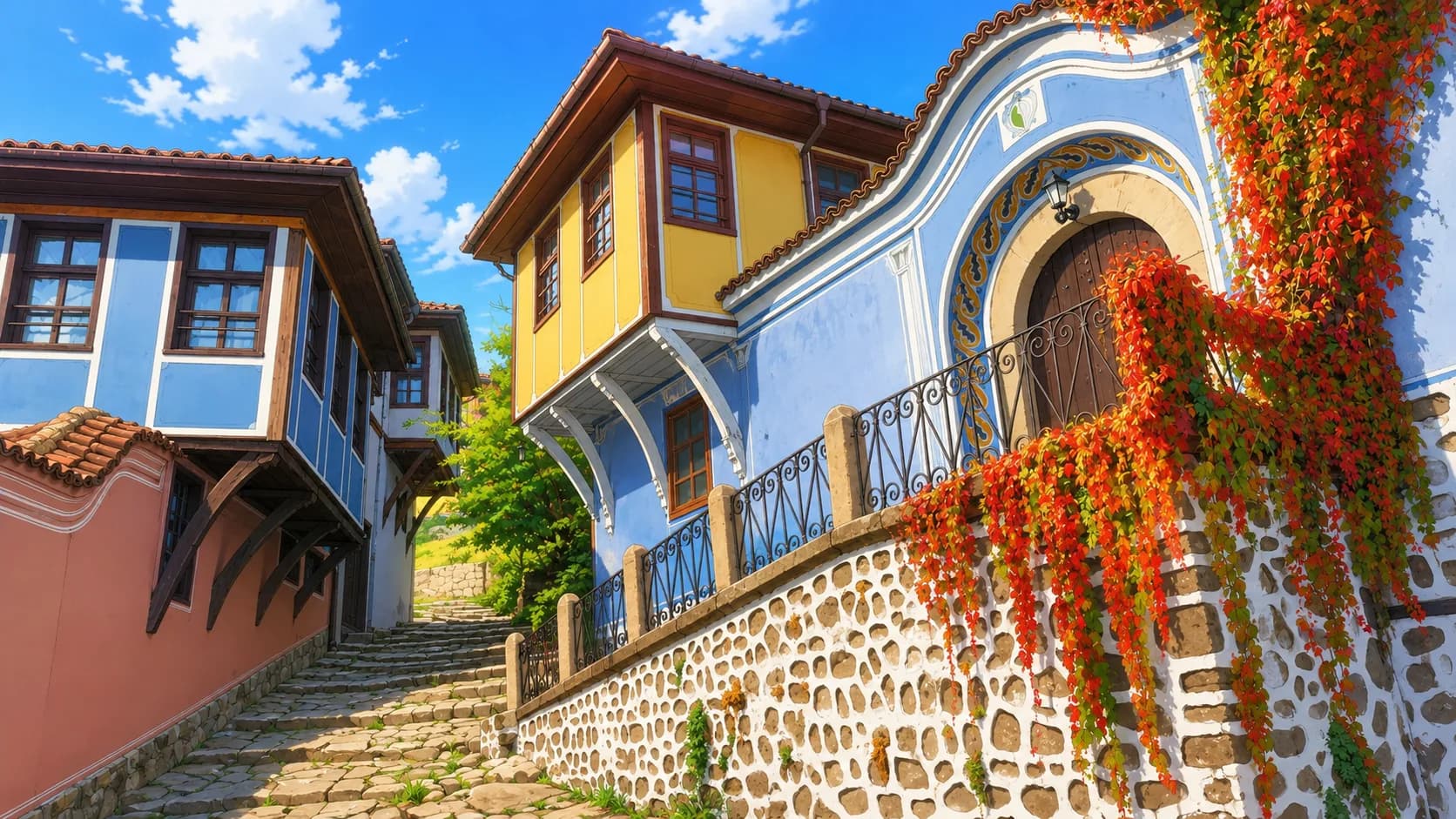 Traditional Bulgarian Revival houses on a cobbled old-town street