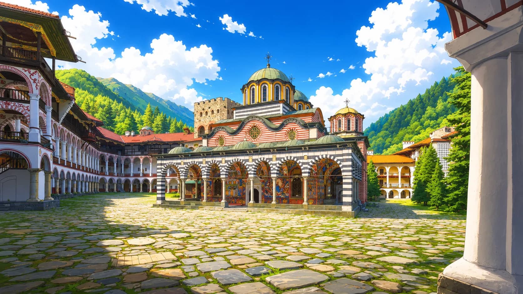 Rila Monastery courtyard and striped church in the mountains