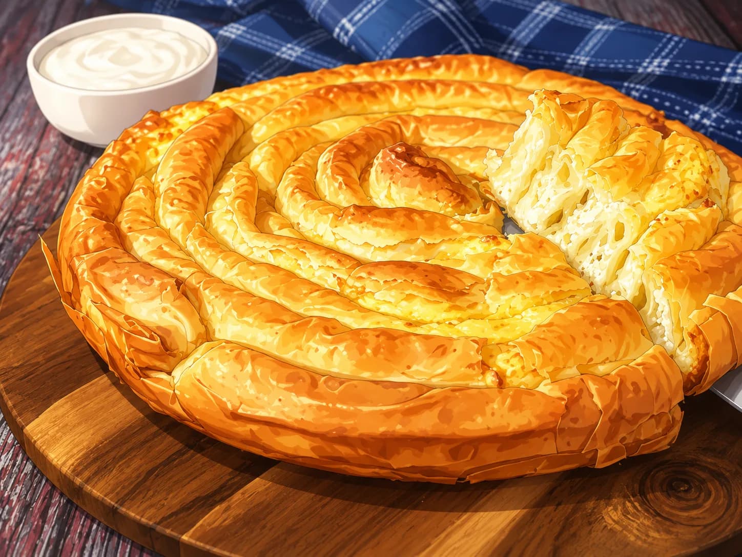 A spiral banitsa with yogurt on a wooden table