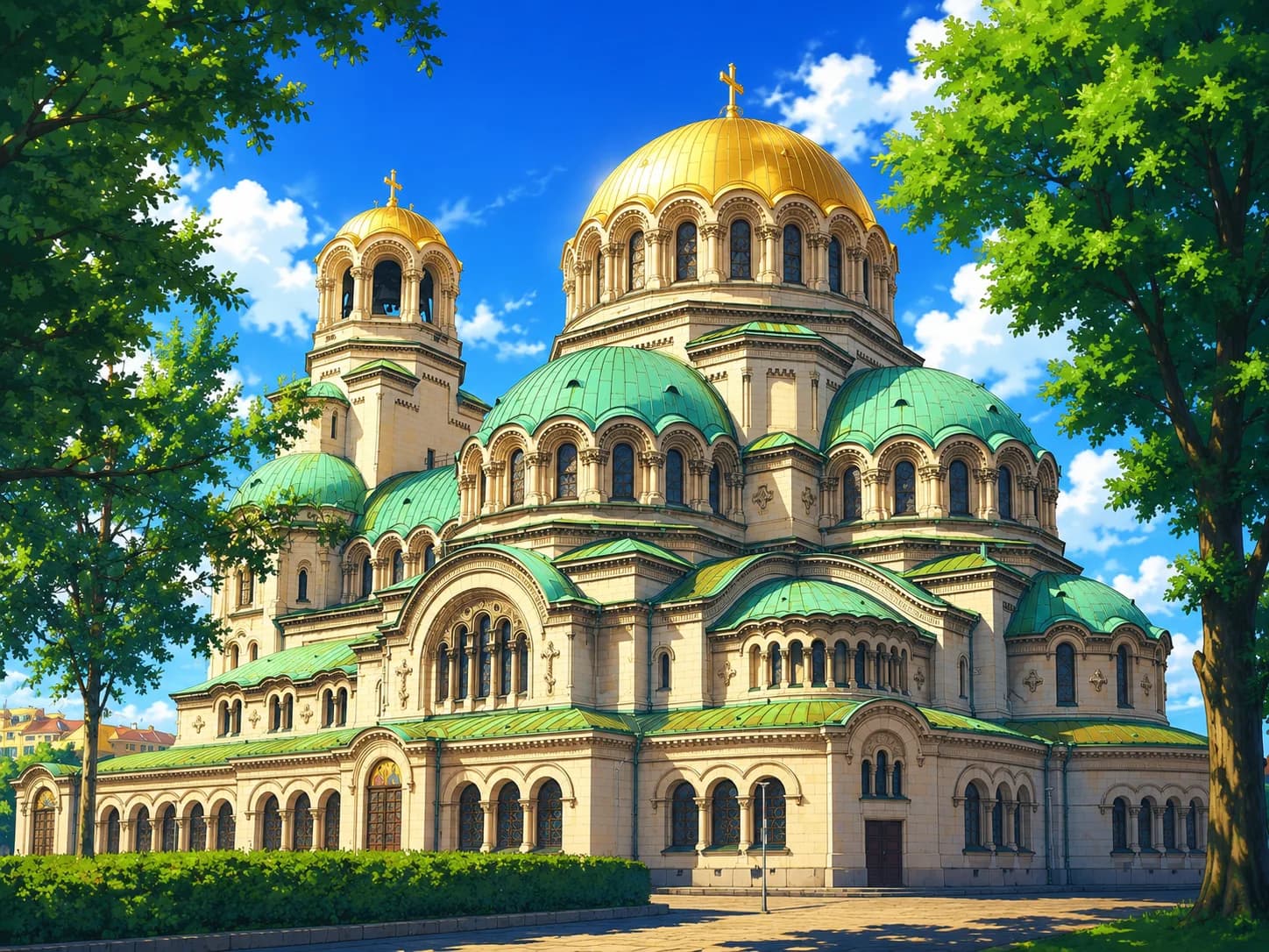 Alexander Nevsky Cathedral in Sofia under a bright blue sky
