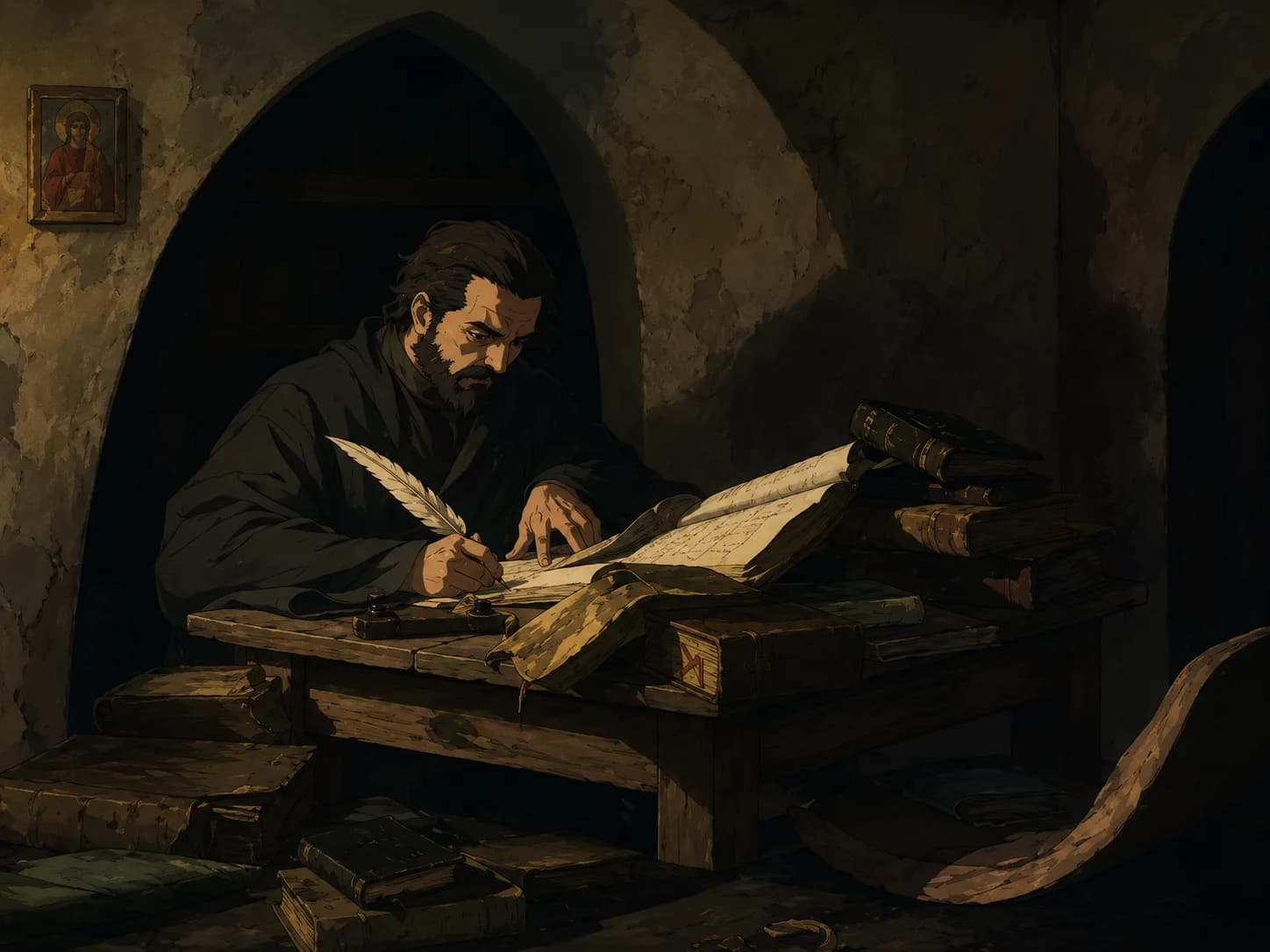 A scholar writing by candlelight with books and manuscripts around him