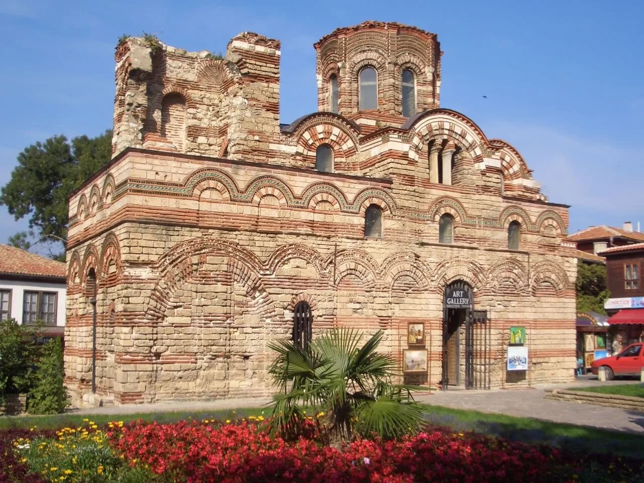 The patterned brick facade of the Christ Pantocrator church in Nessebar old town