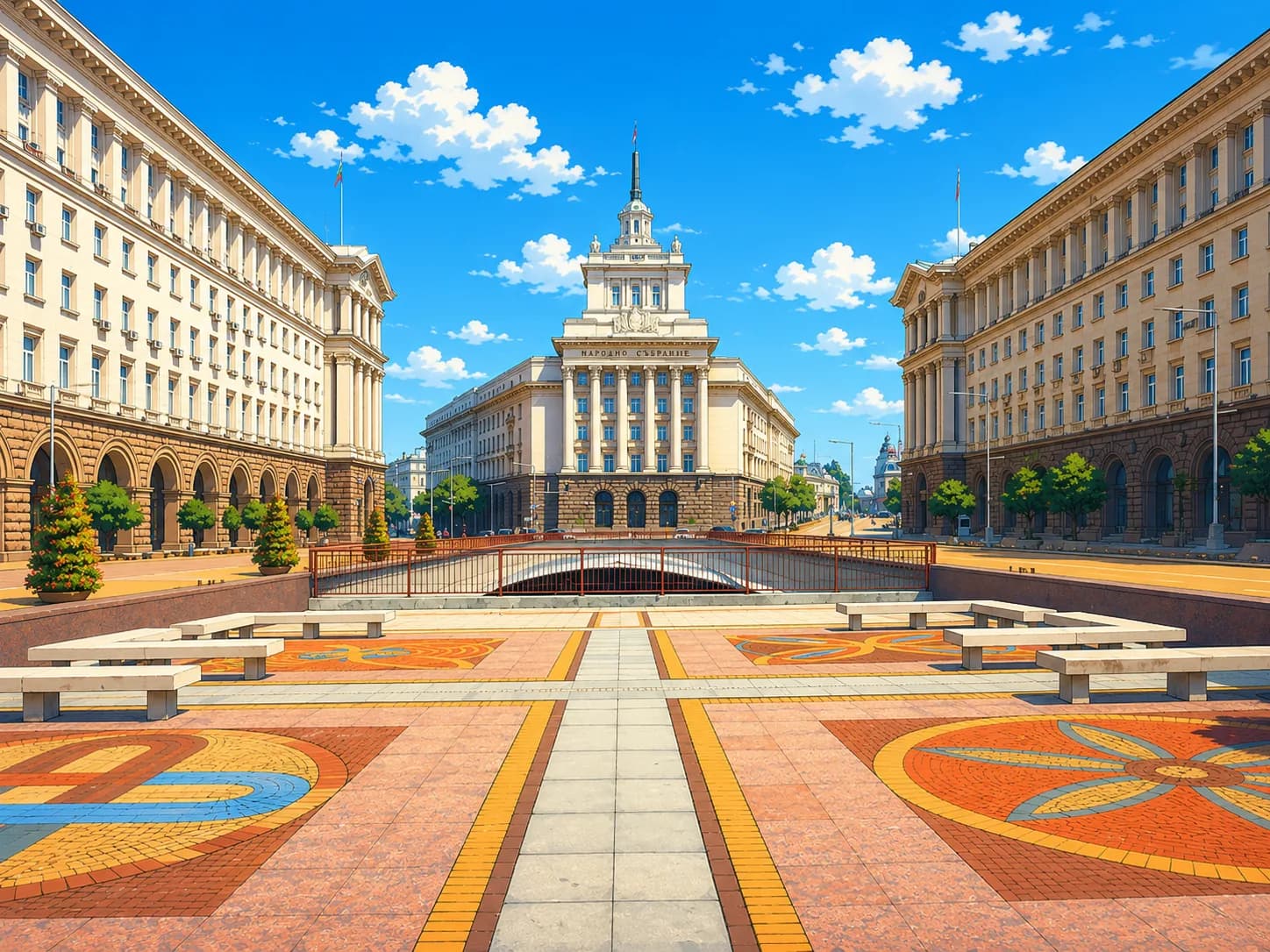 The Bulgarian National Assembly building in central Sofia under a bright blue sky