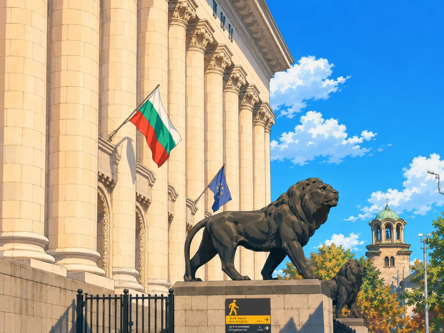 Bulgarian and European flags outside a civic building in Sofia