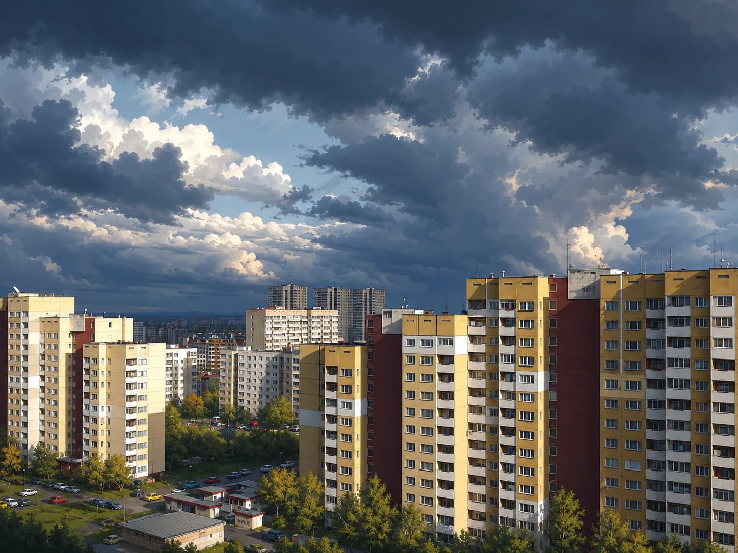 Apartment blocks under storm clouds in a Bulgarian city