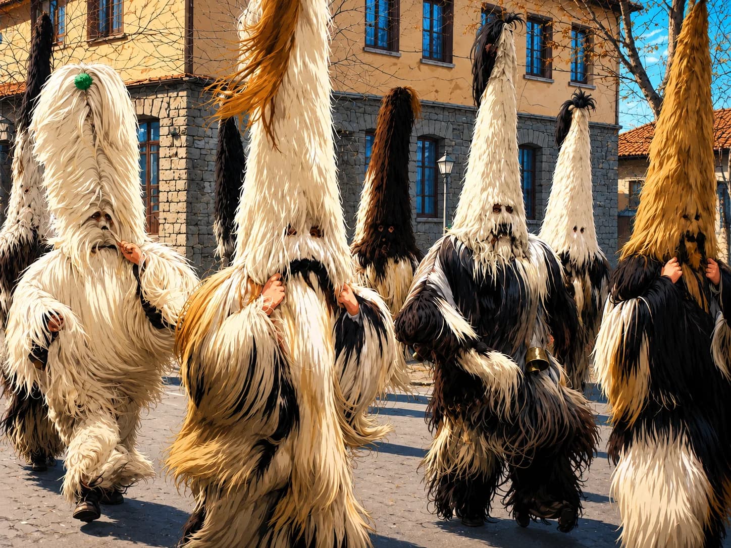 Kukeri performers in tall fur costumes walking through a village street